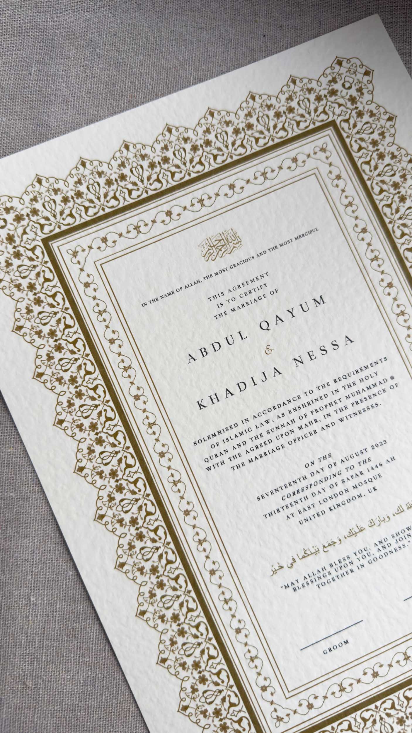Nikah Certificate - Moment of Gold