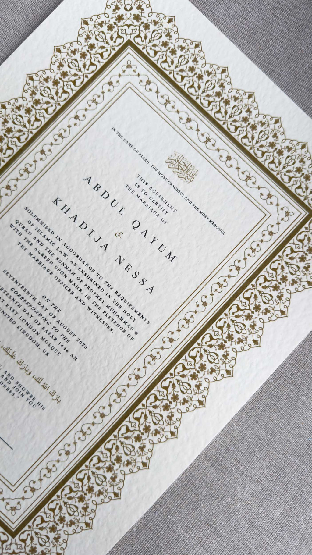 Nikah Certificate - Moment of Gold