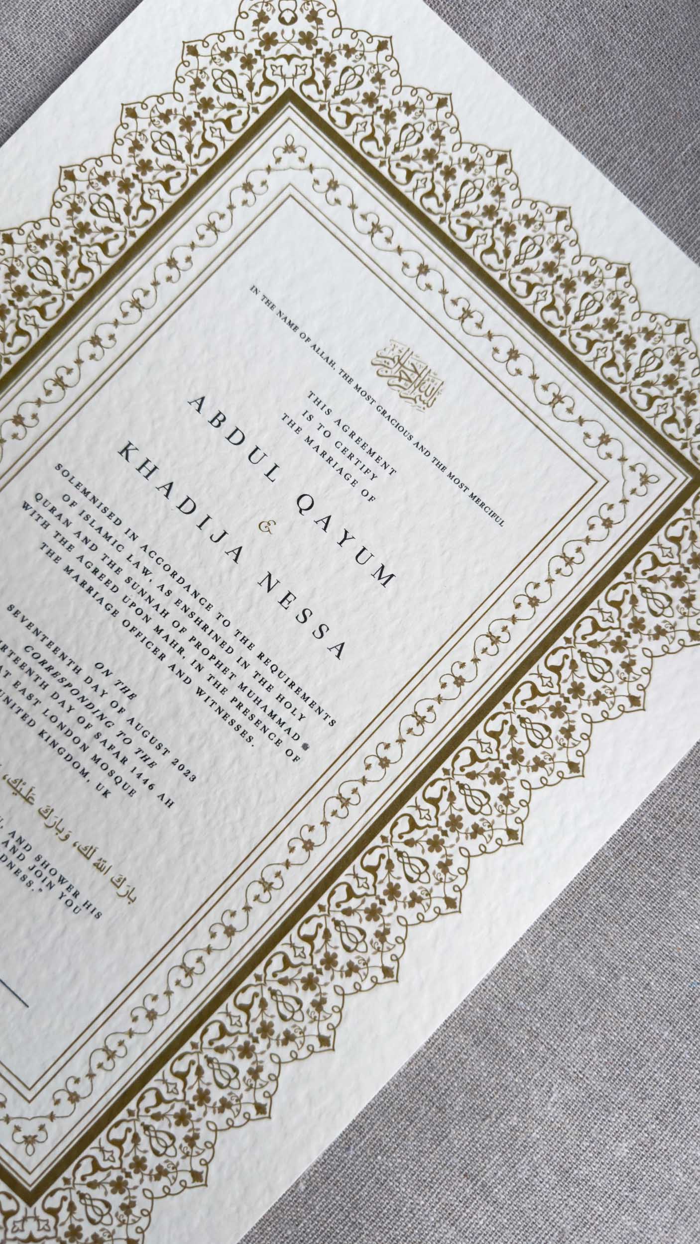 Nikah Certificate - Moment of Gold