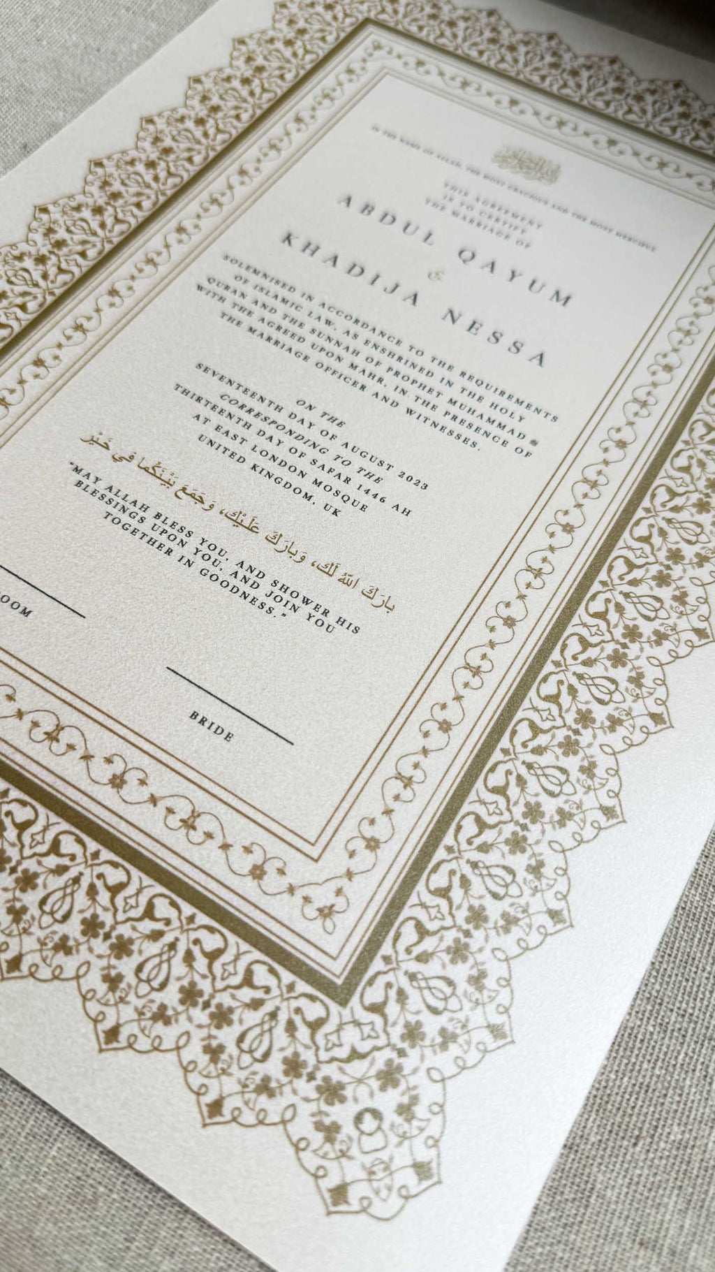 Nikah Certificate - Moment of Gold