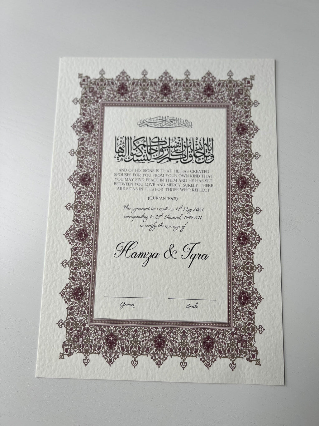 Nikah Certificate - Shine of the Rose