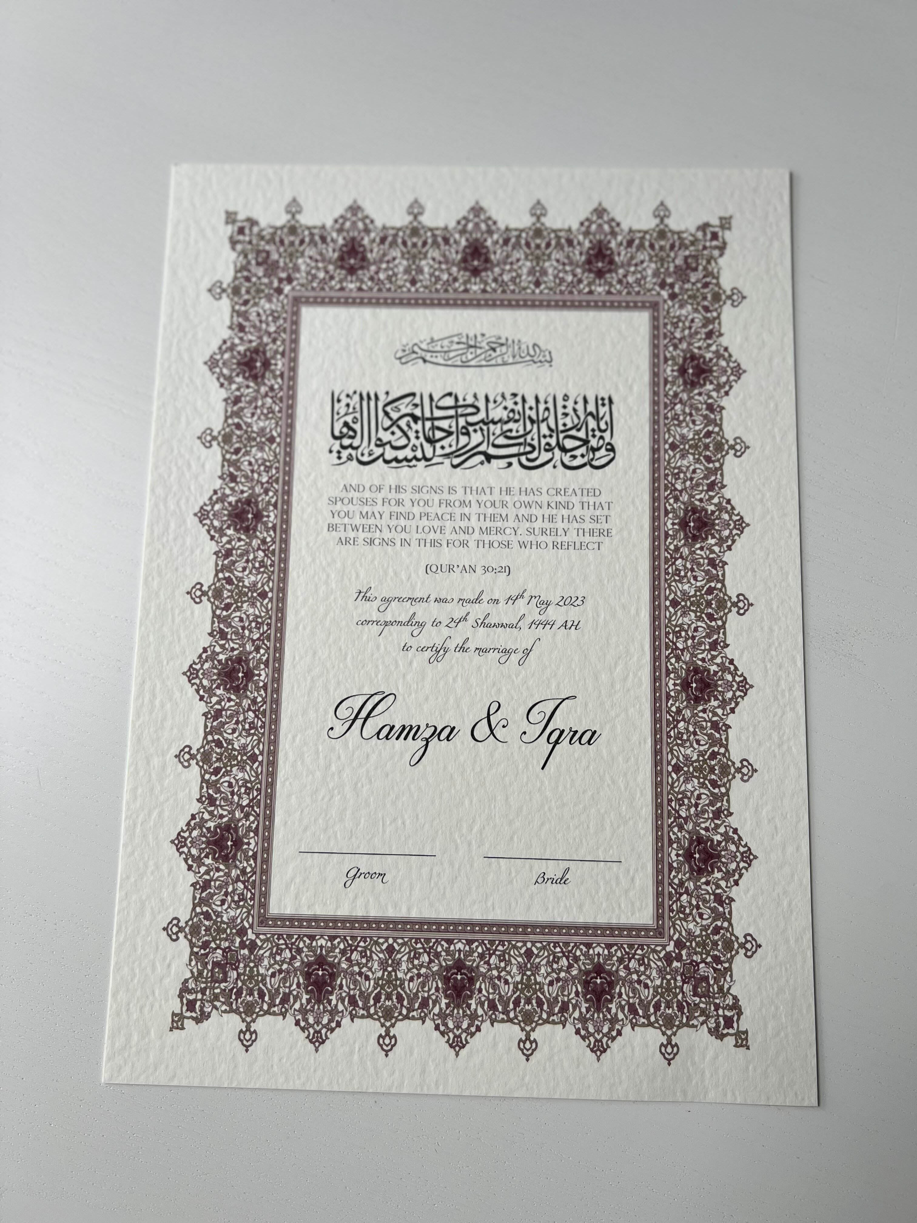 Nikah Certificate - Shine of the Rose