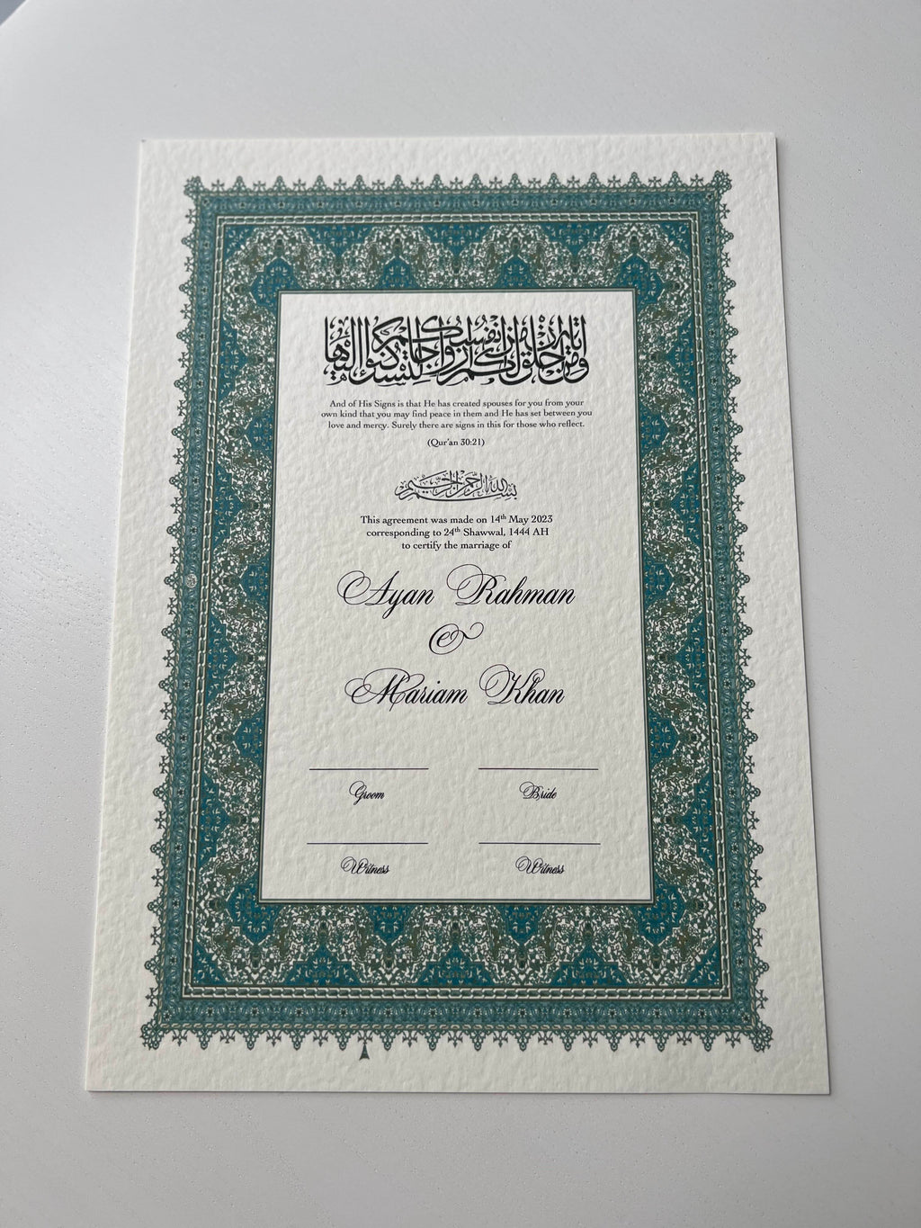 Nikah Certificate - Clarity of Blue