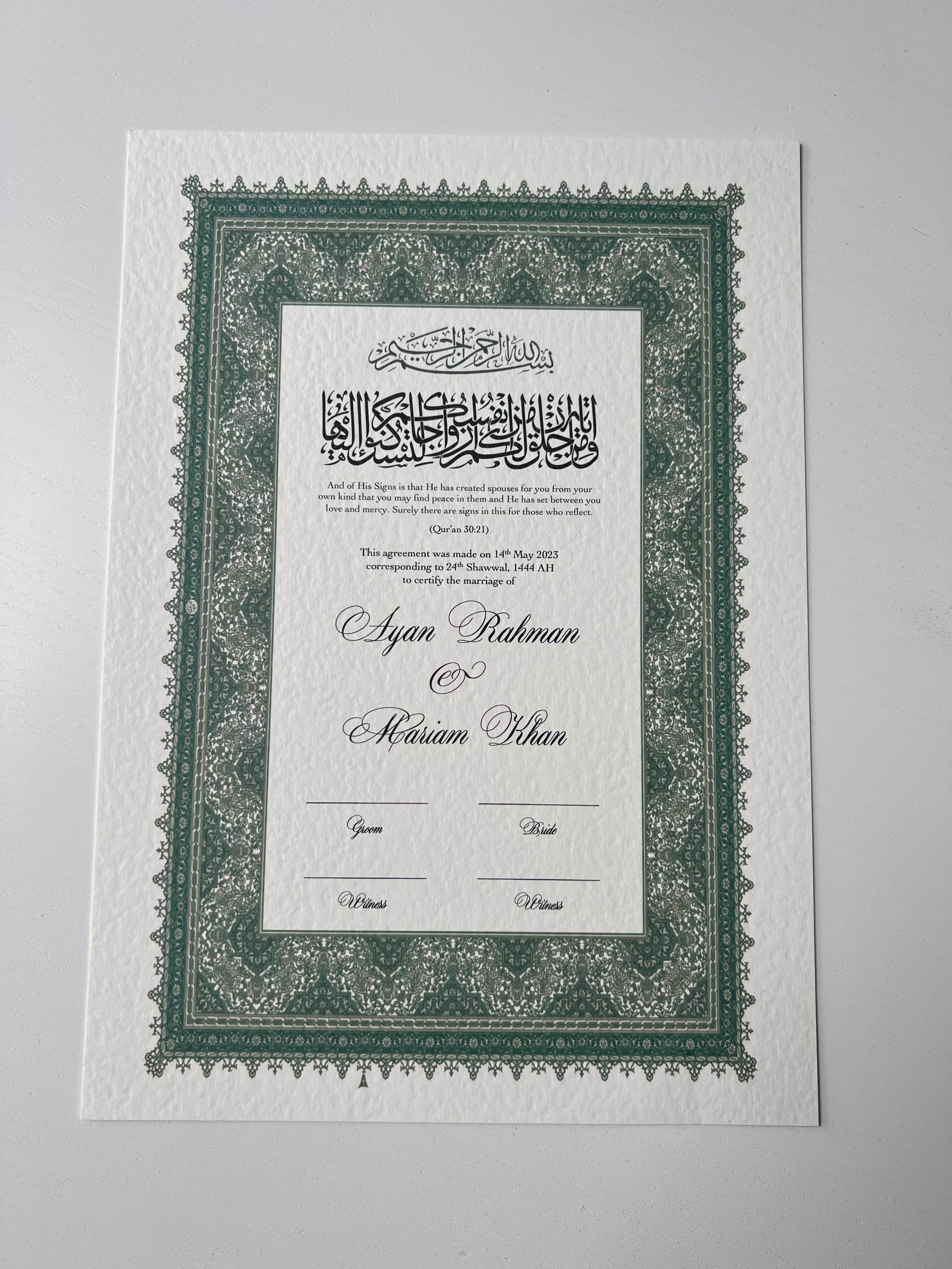 Nikah Certificate - Garden of Joy