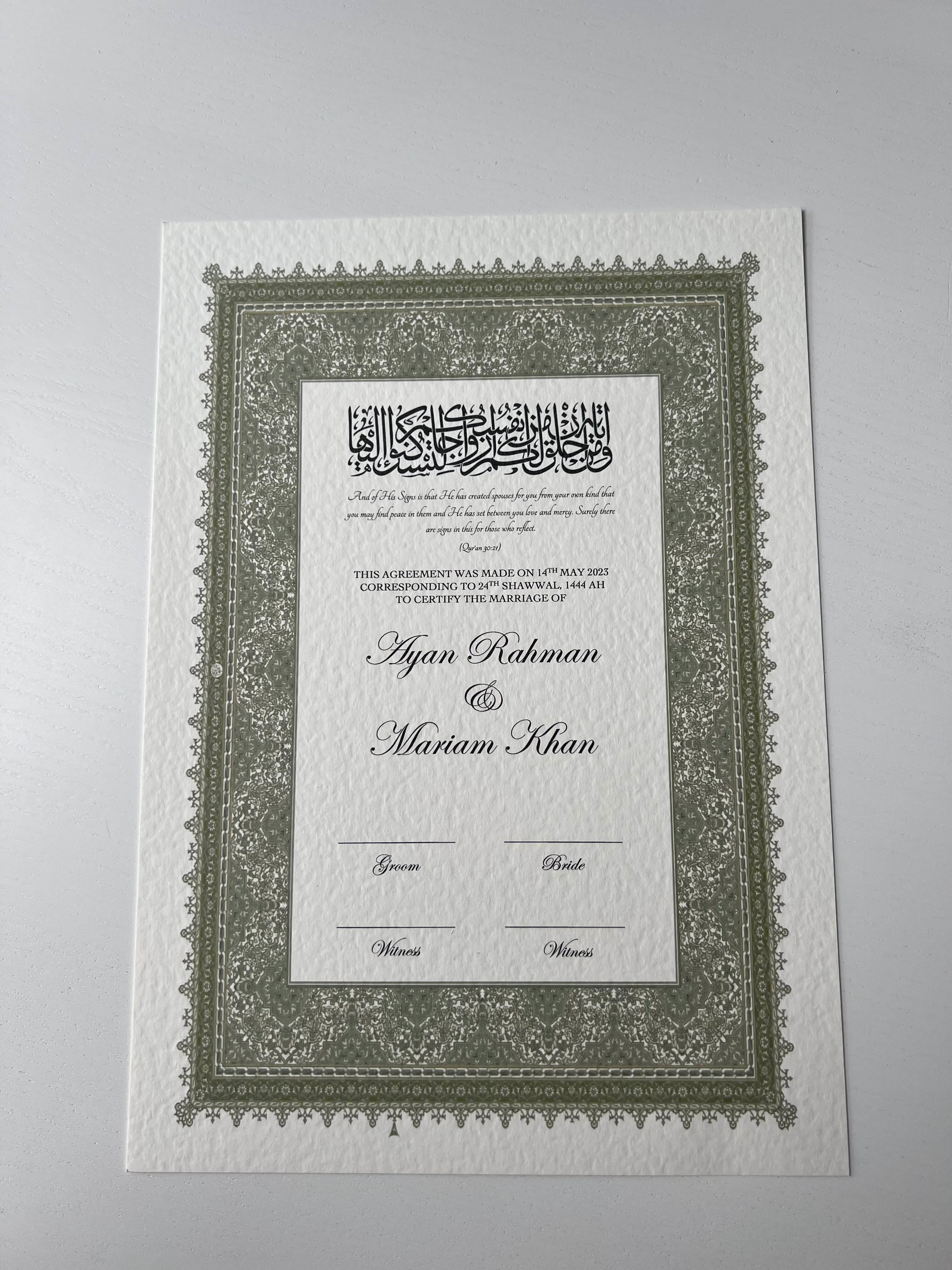Nikah Certificate - Gold of Comfort