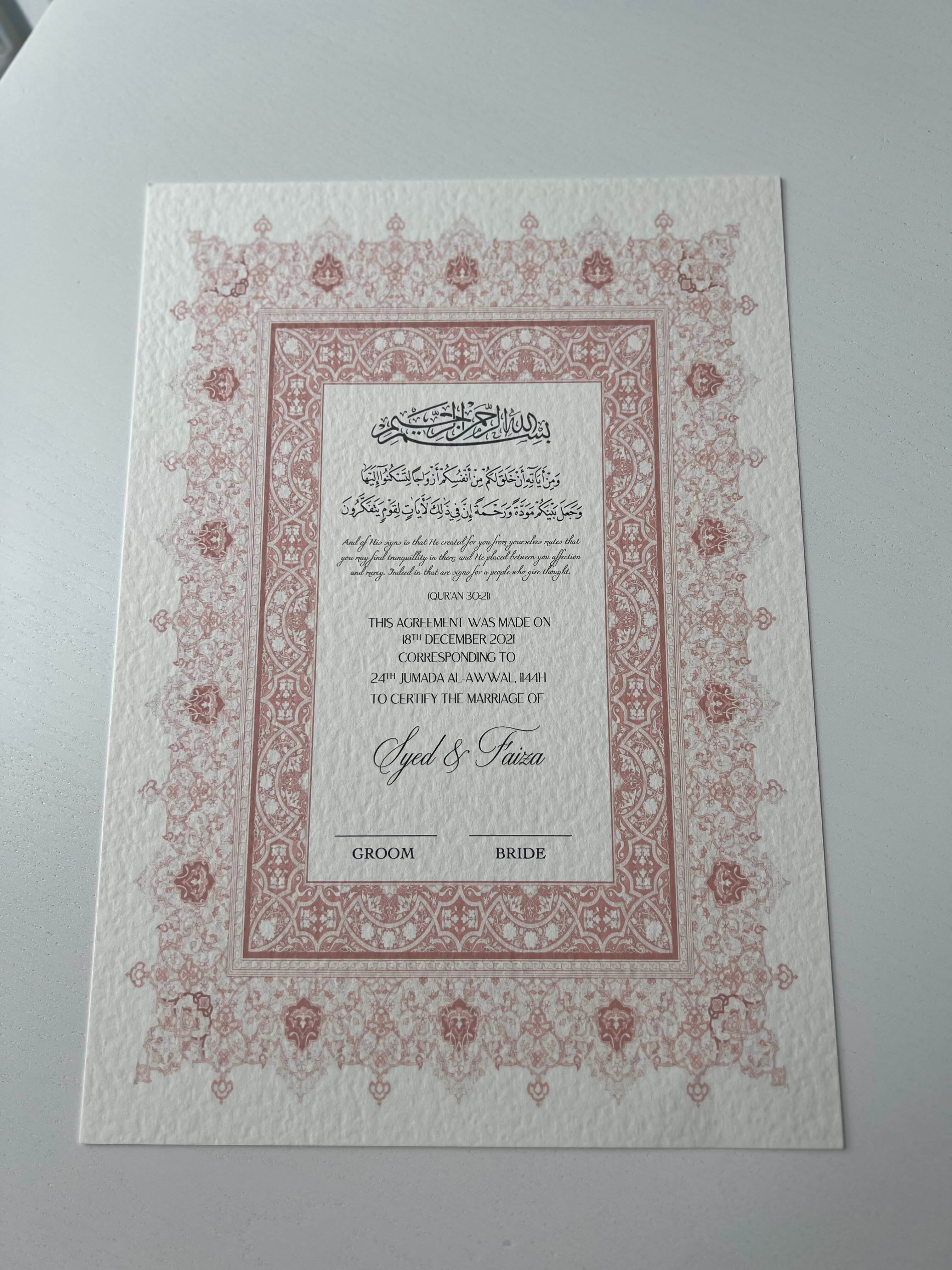 Nikah Certificate - Contract of Love