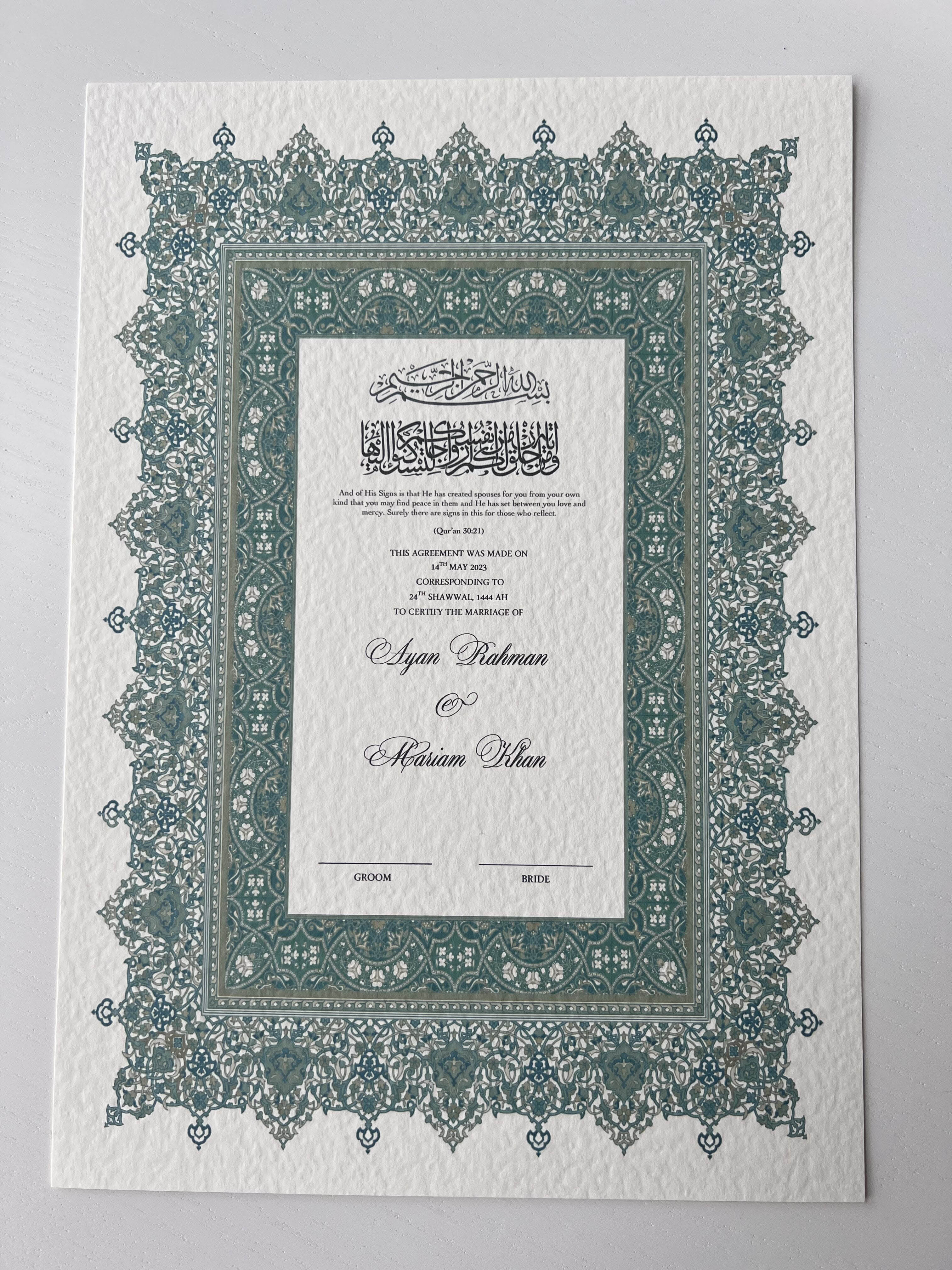 Nikah Certificate - Contract of Serentiy