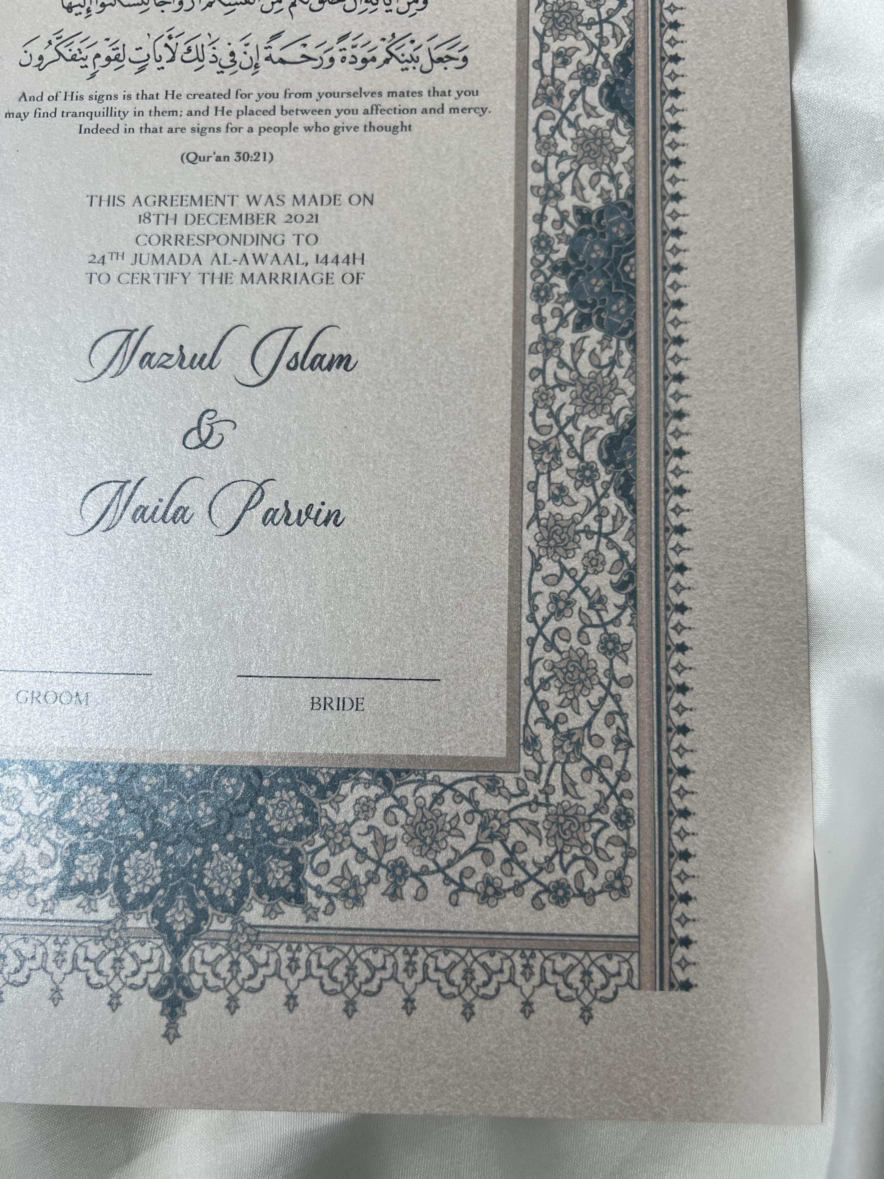 Nikah Certificate - Pearl of Blue