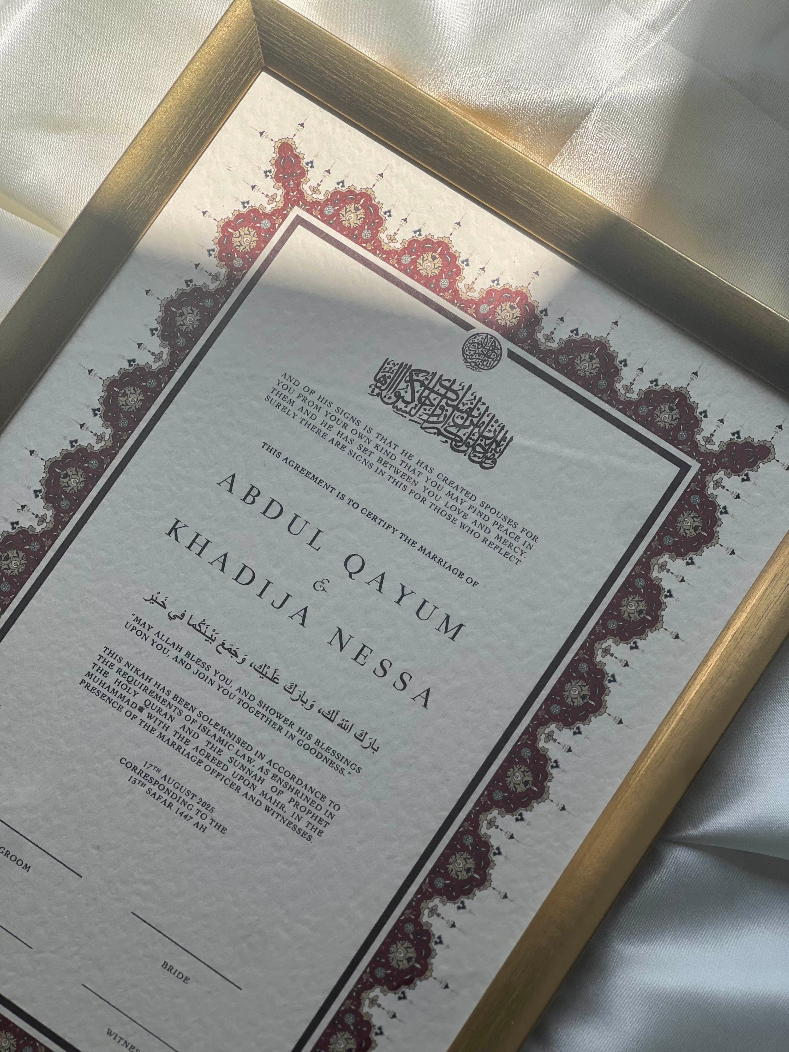 Bundle: Nikah Certificate - Two Hearts as One + Frame + Pen