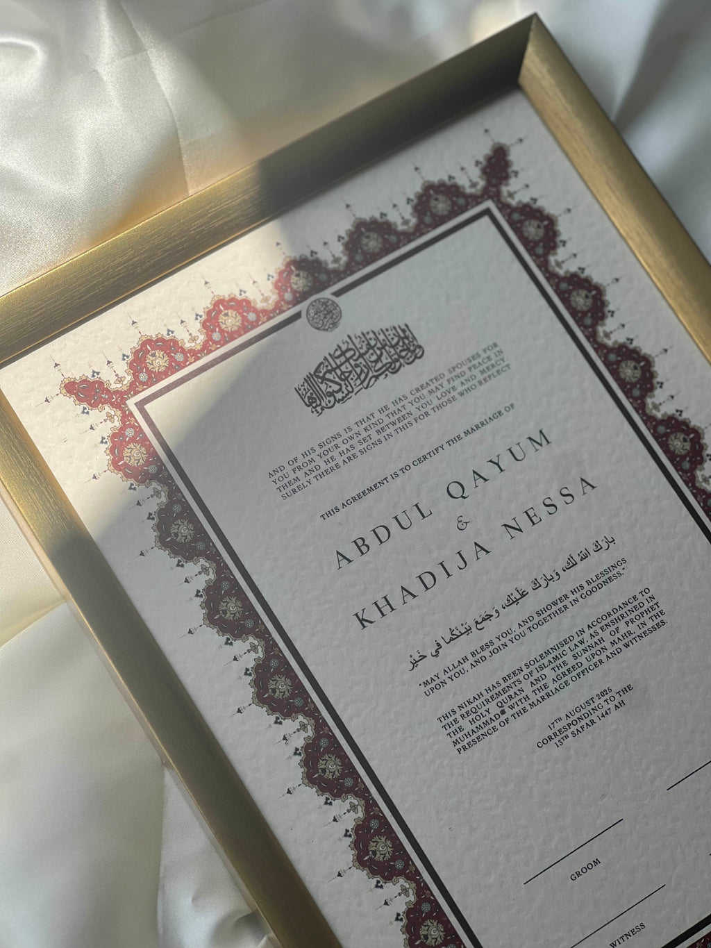 Bundle: Nikah Certificate - Two Hearts as One + Frame + Pen
