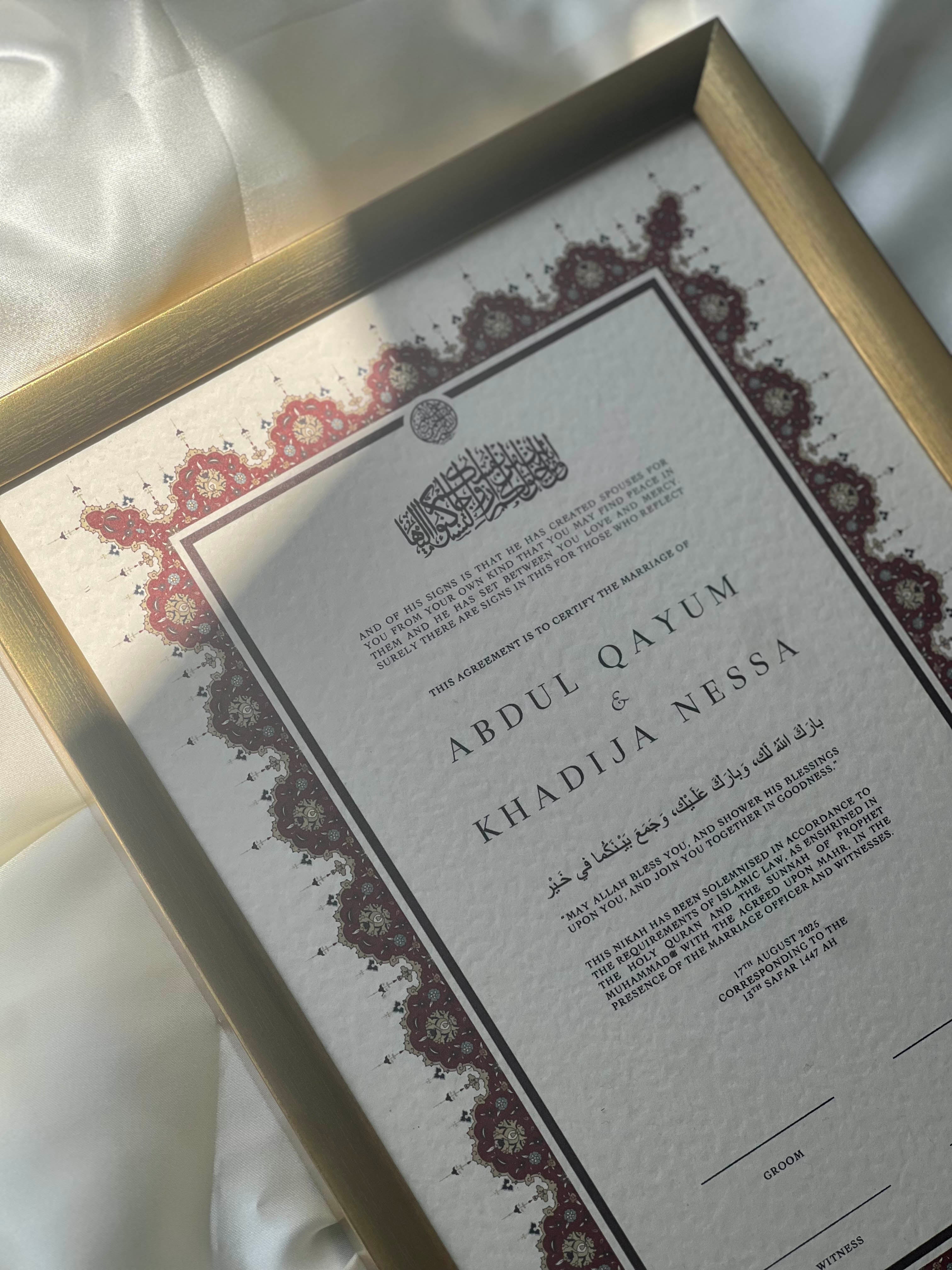 Bundle: Nikah Certificate - Two Hearts as One + Frame + Pen