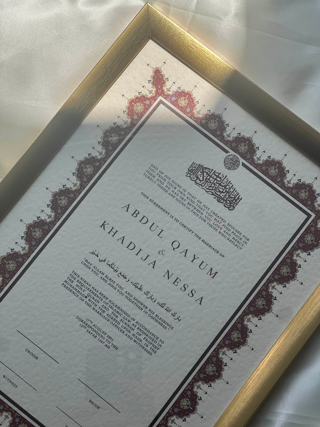 Bundle: Nikah Certificate - Two Hearts as One + Frame + Pen