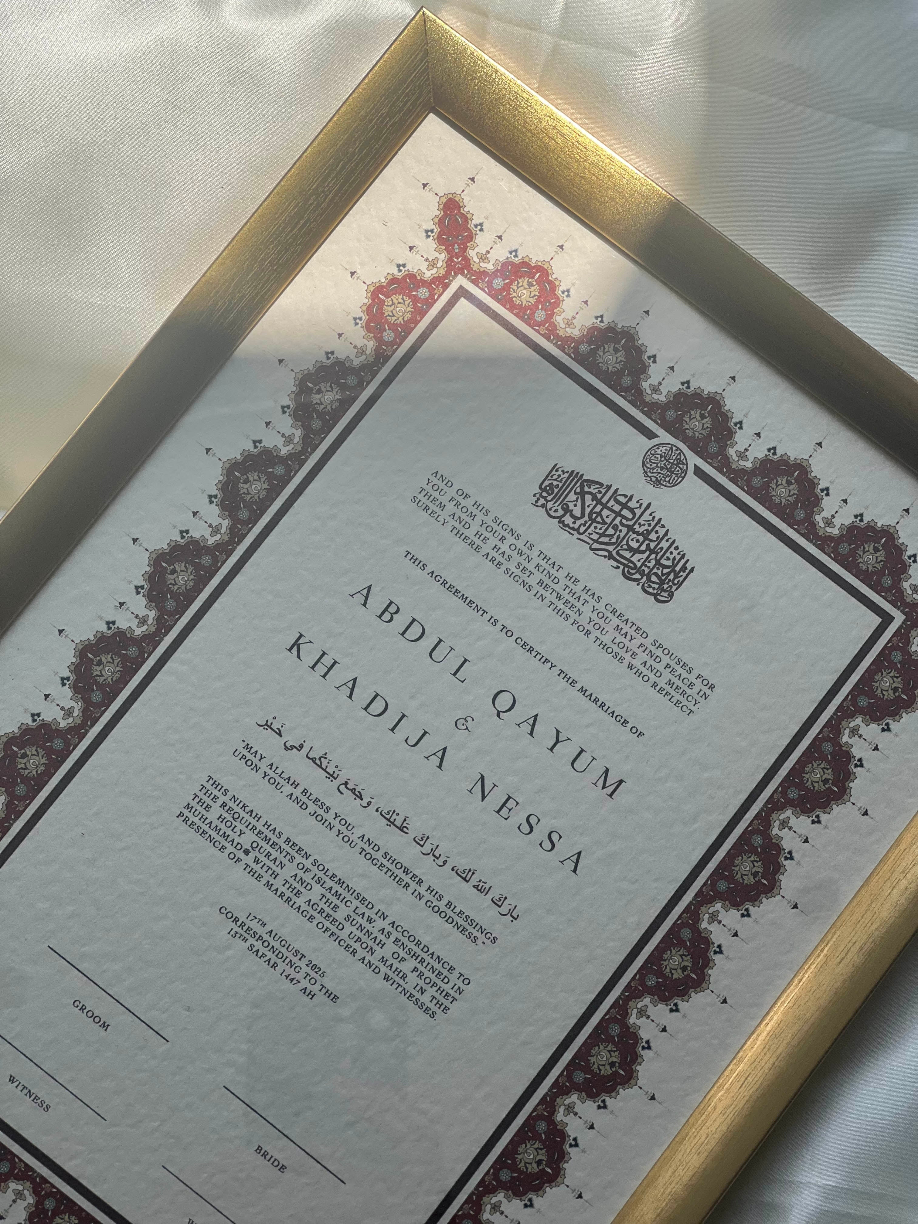 Bundle: Nikah Certificate - Two Hearts as One + Frame + Pen