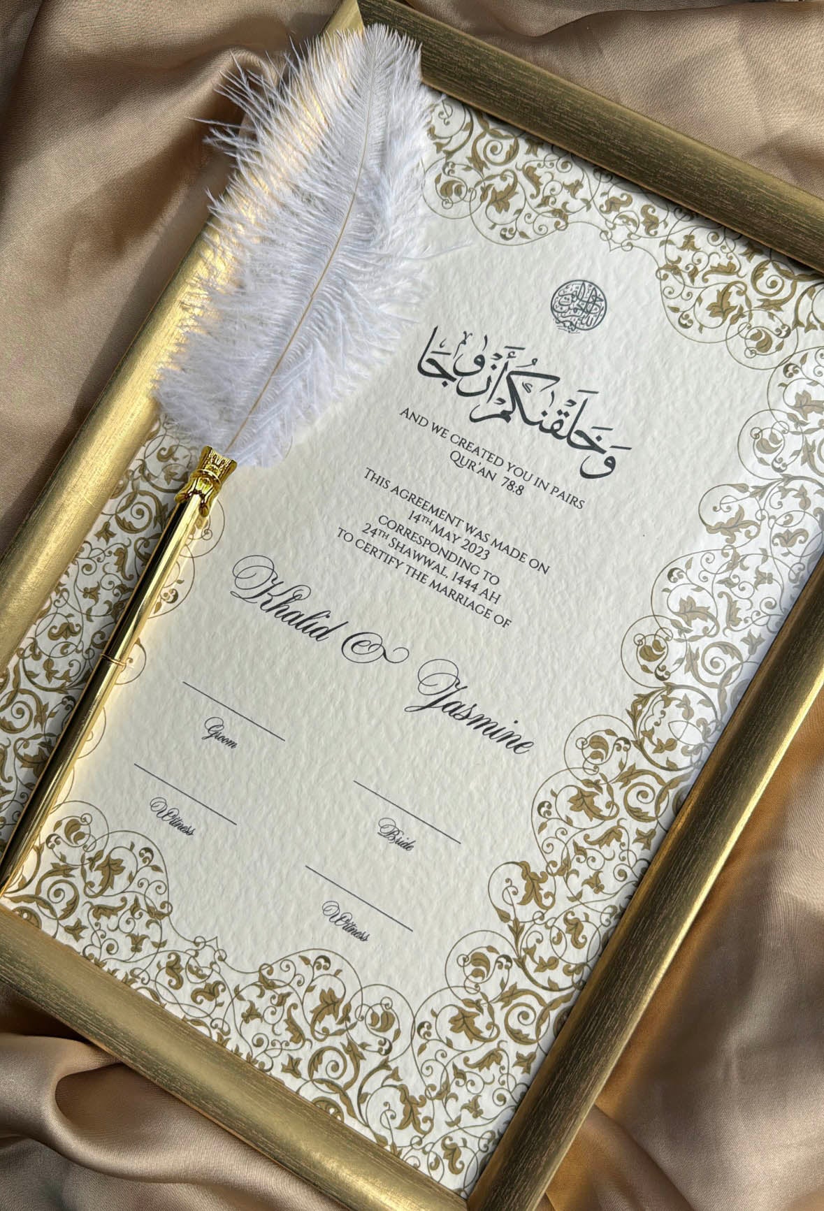 Bundle: Nikah Certificate - Pearl of Gold + Frame + Pen