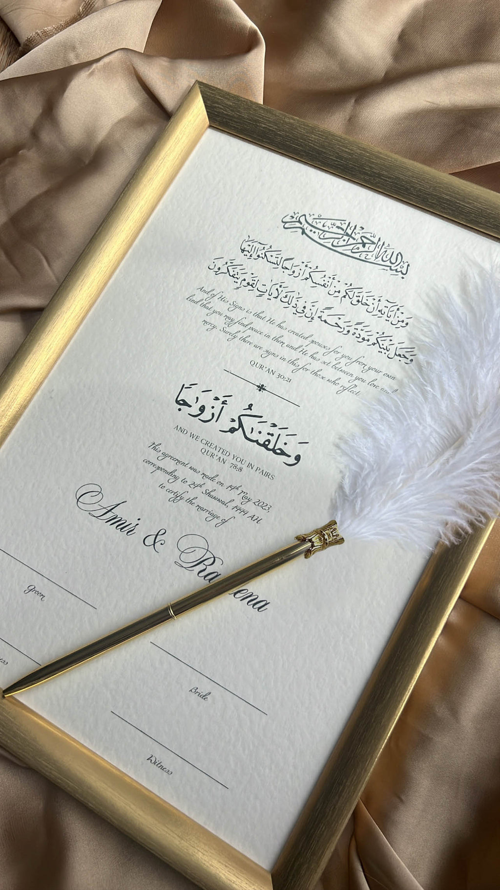 Bundle: Nikah Certificate - Covenant of Tranquility + Frame + Pen